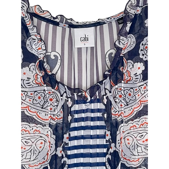 Cabi Women Top Sheer Tank Paisley Striped Ruffled Peplum Sleeveless Blue Small - Picture 2 of 9